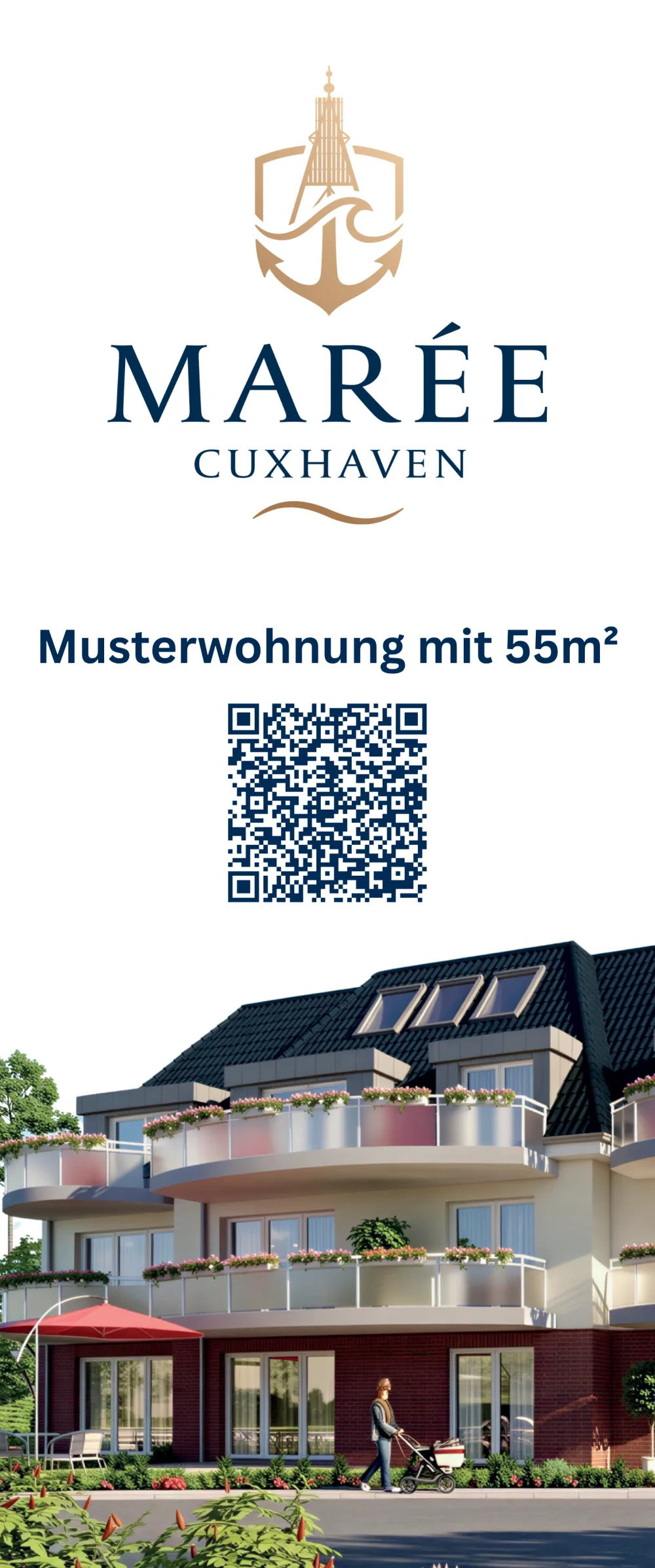 Marée Cuxhaven Display zur Musterwohnung mit QR-Code
