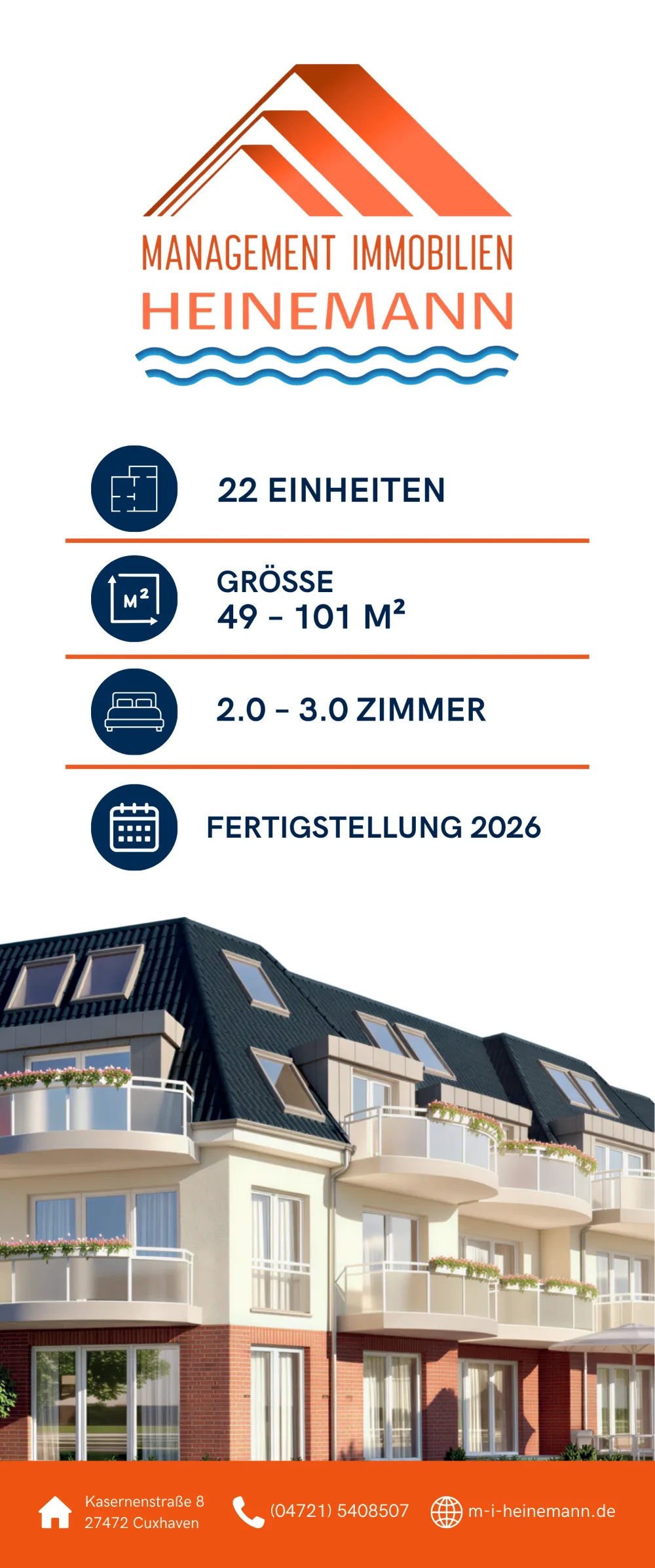 Heinemann Immobilien Display mit Projektdaten und Kontaktleiste